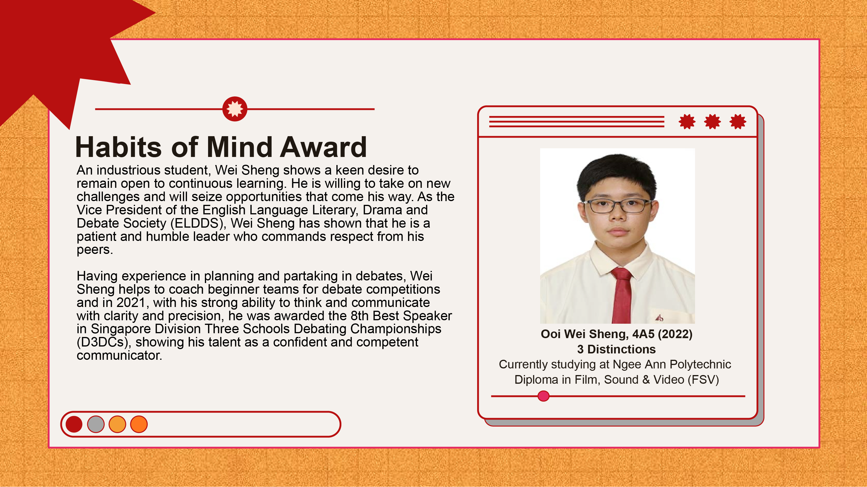 Habits of Mind Award slide featuring student Ooi Wei Sheng wearing glasses and a red tie, with achievement text.